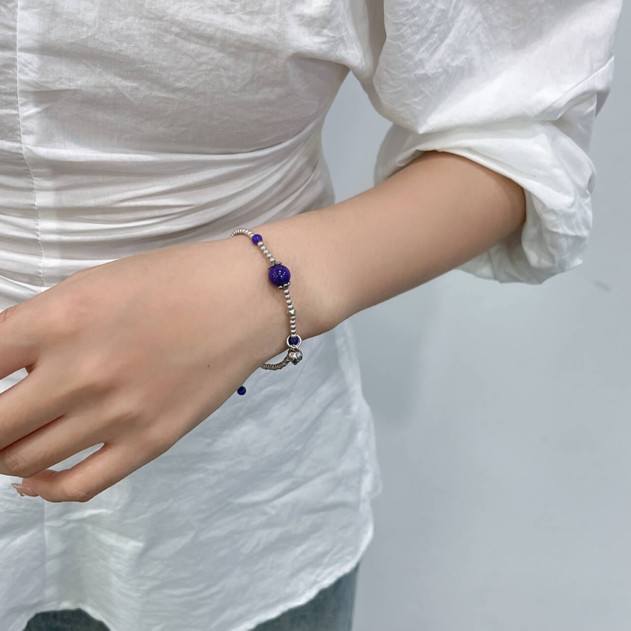 Karma Stone Lapis Lazuli Silver Bead Bracelet 925 Sterling Silver