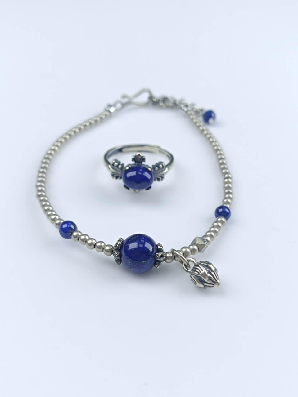 Karma Stone Lapis Lazuli Silver Bead Bracelet 925 Sterling Silver