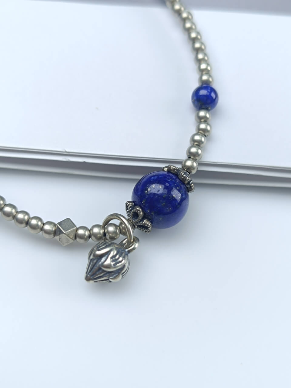 Karma Stone Lapis Lazuli Silver Bead Bracelet 925 Sterling Silver