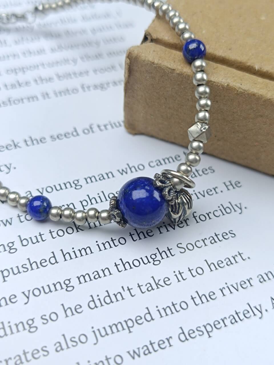 Karma Stone Lapis Lazuli Silver Bead Bracelet 925 Sterling Silver