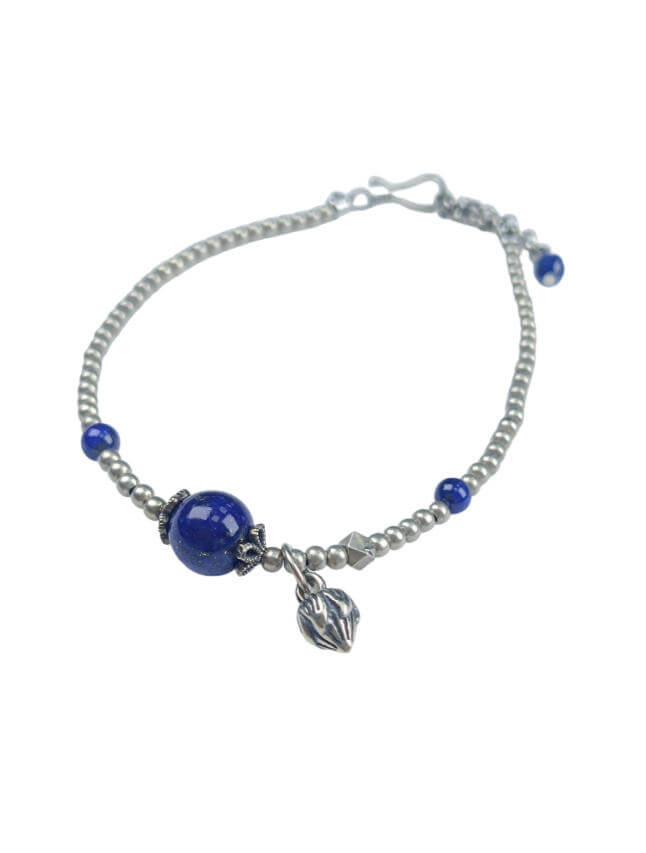 Karma Stone Lapis Lazuli Silver Bead Bracelet 925 Sterling Silver