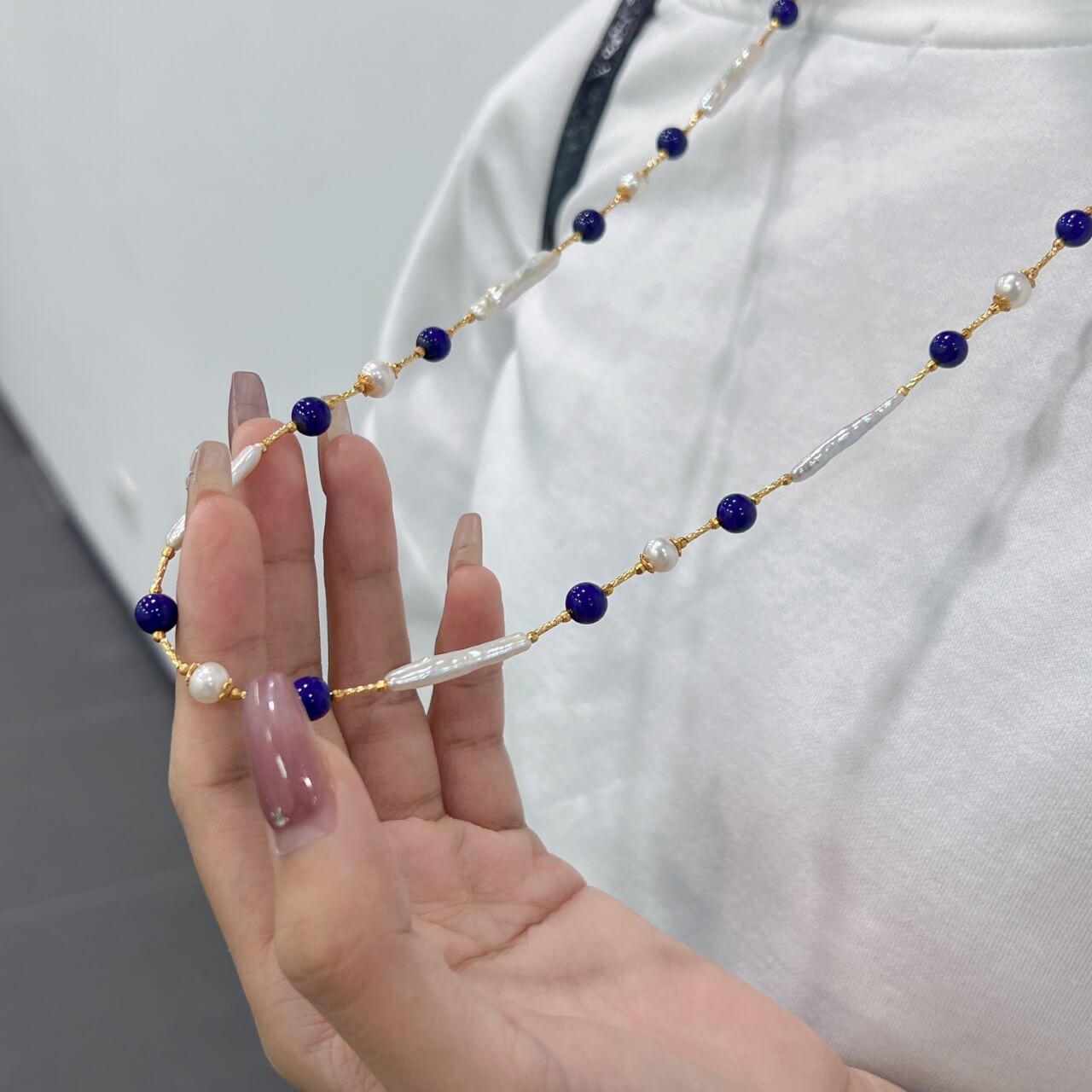 Lapis Lazuli and Pearl Necklace Bracelet Baroque Pearls, 925 Sterling Silver