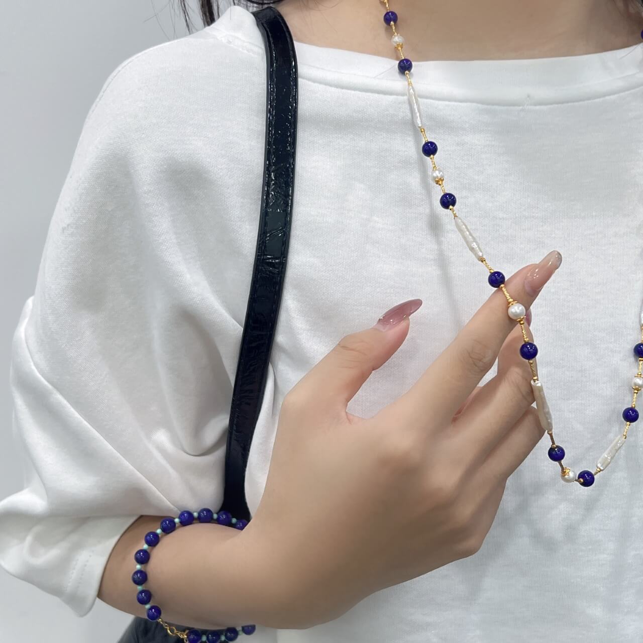 Lapis Lazuli and Pearl Necklace Bracelet Baroque Pearls, 925 Sterling Silver