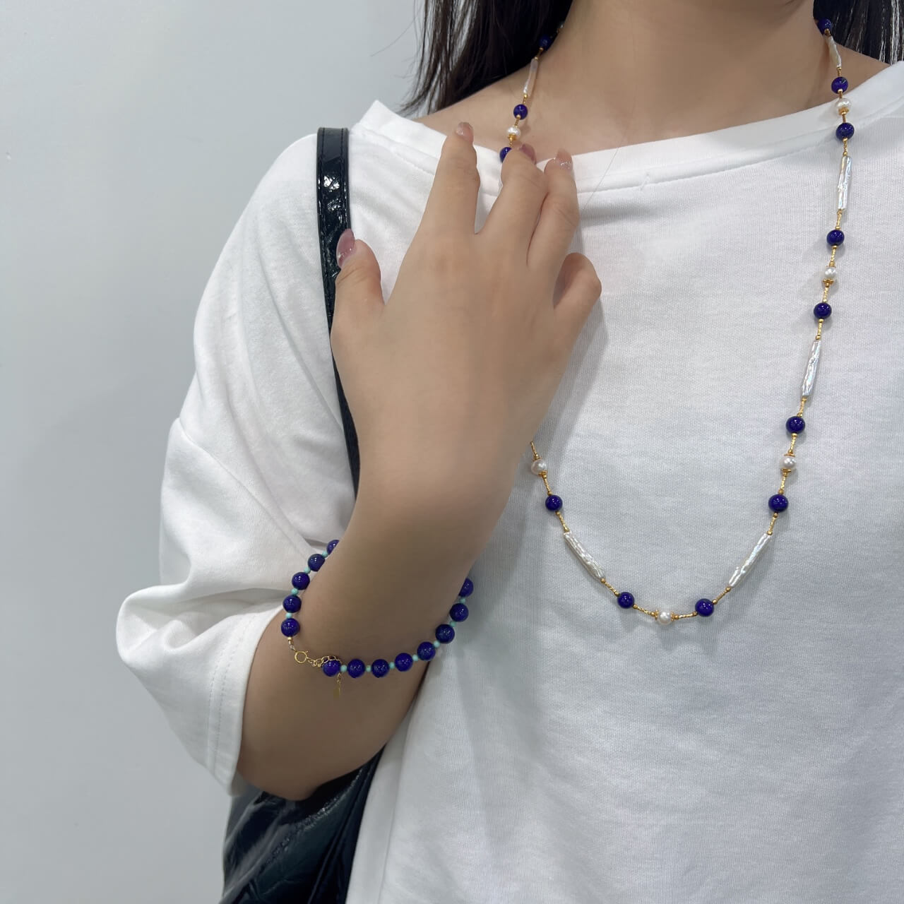 Lapis Lazuli and Pearl Necklace Bracelet Baroque Pearls, 925 Sterling Silver
