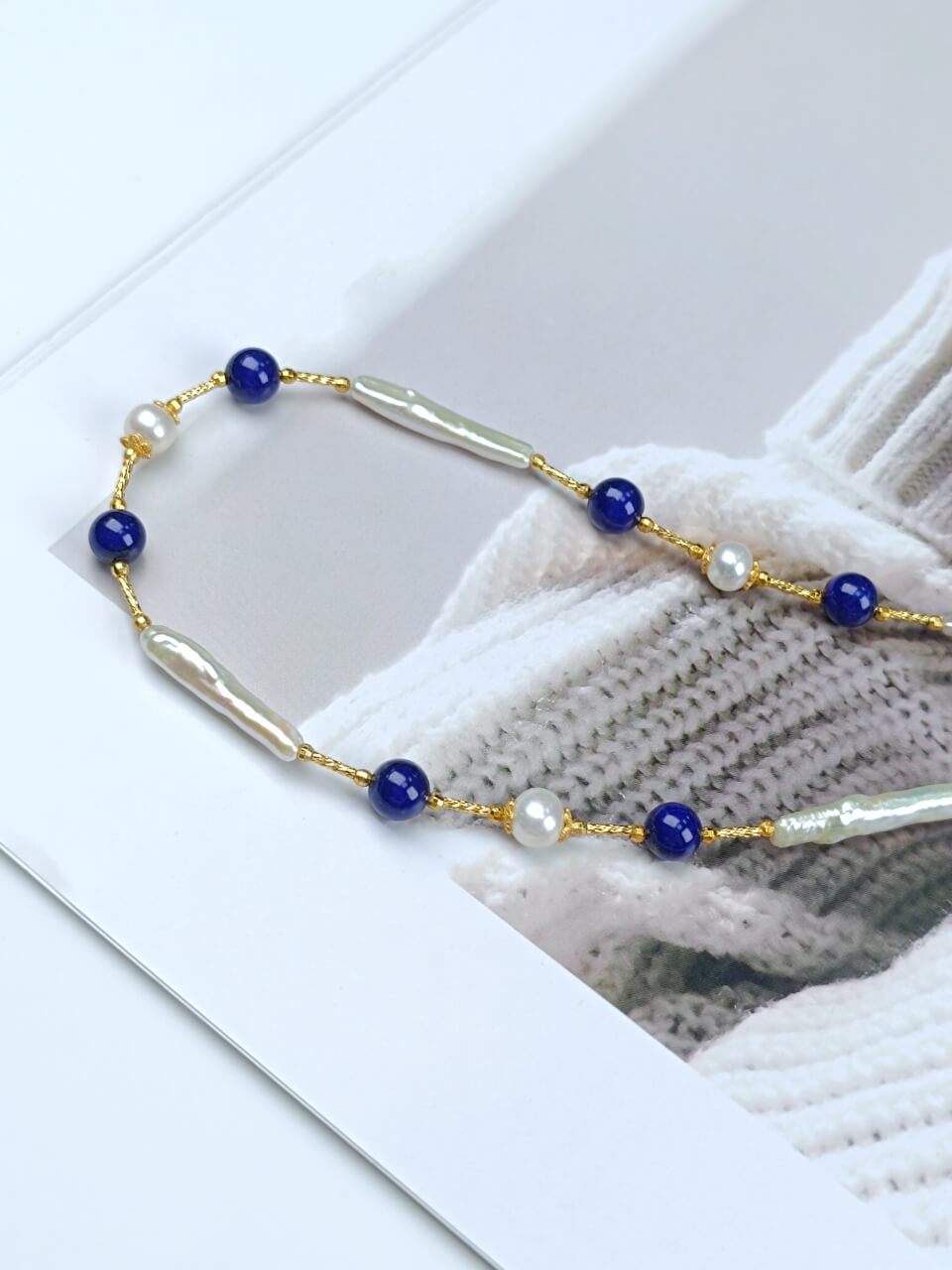 Lapis Lazuli and Pearl Necklace Bracelet Baroque Pearls, 925 Sterling Silver