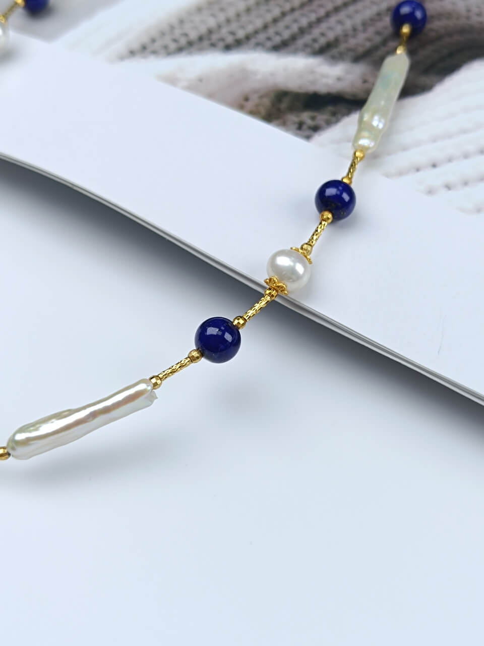 Lapis Lazuli and Pearl Necklace Bracelet Baroque Pearls, 925 Sterling Silver