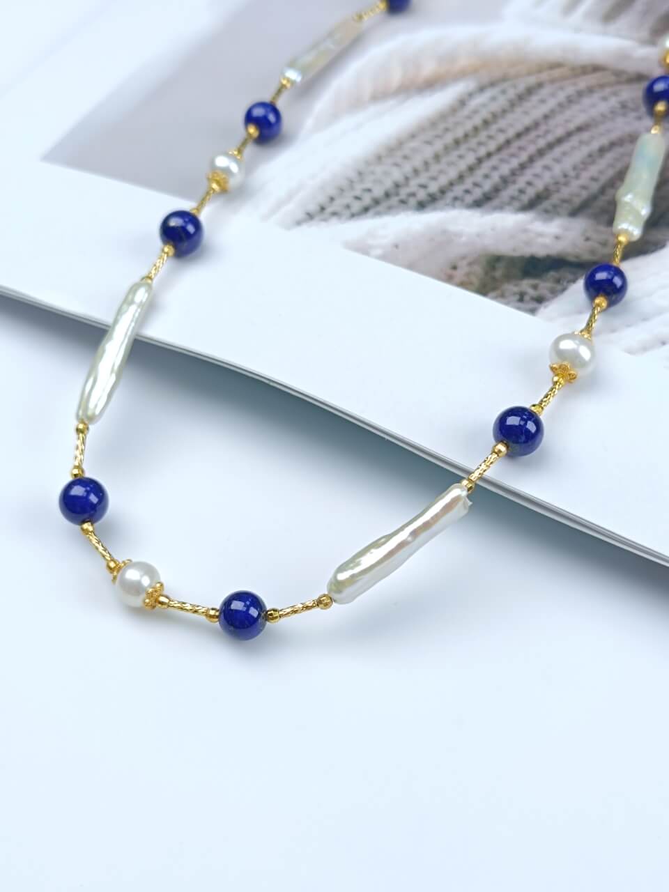 Lapis Lazuli and Pearl Necklace Bracelet Baroque Pearls, 925 Sterling Silver