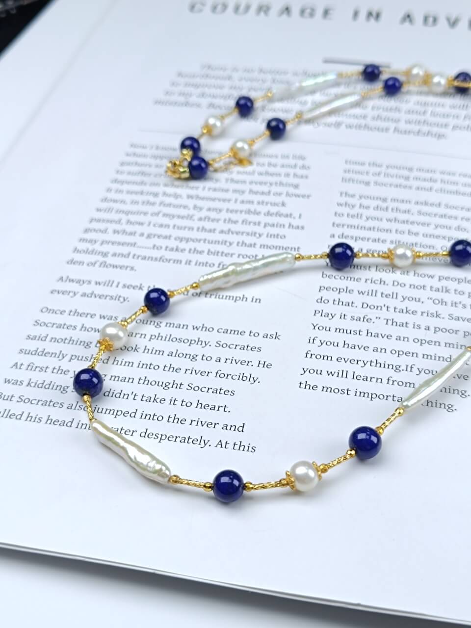 Lapis Lazuli and Pearl Necklace Bracelet Baroque Pearls, 925 Sterling Silver