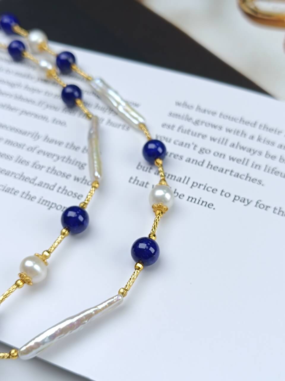 Lapis Lazuli and Pearl Necklace Bracelet Baroque Pearls, 925 Sterling Silver