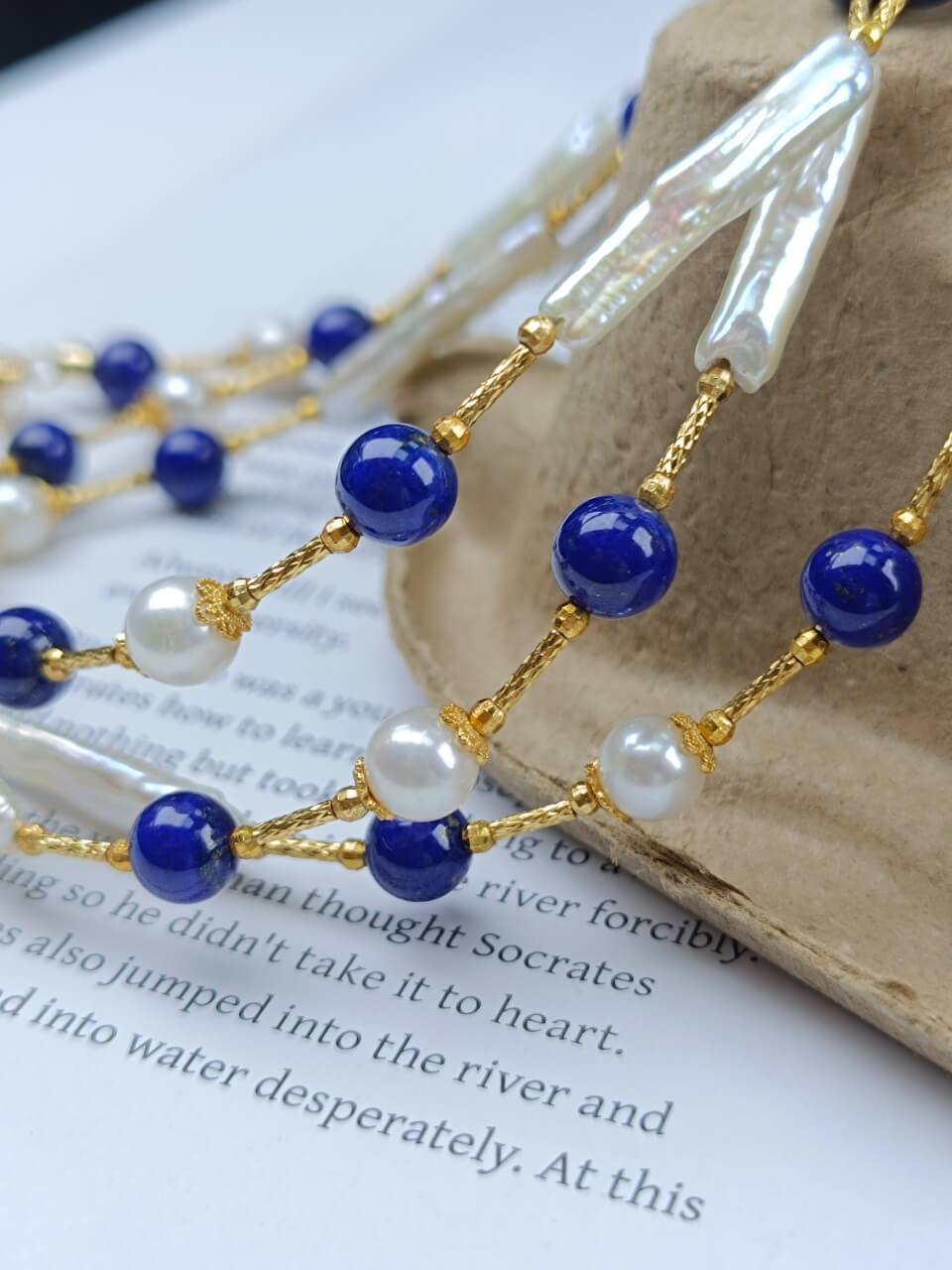 Lapis Lazuli and Pearl Necklace Bracelet Baroque Pearls, 925 Sterling Silver