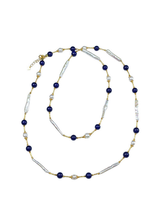 Lapis Lazuli and Pearl Necklace Bracelet Baroque Pearls, 925 Sterling Silver