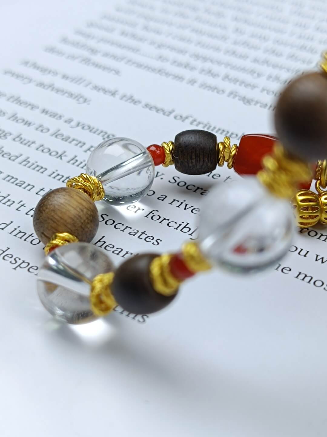 Karma Stone Bracelet 10mm Clear Quartz + Agarwood + Twisted Beads