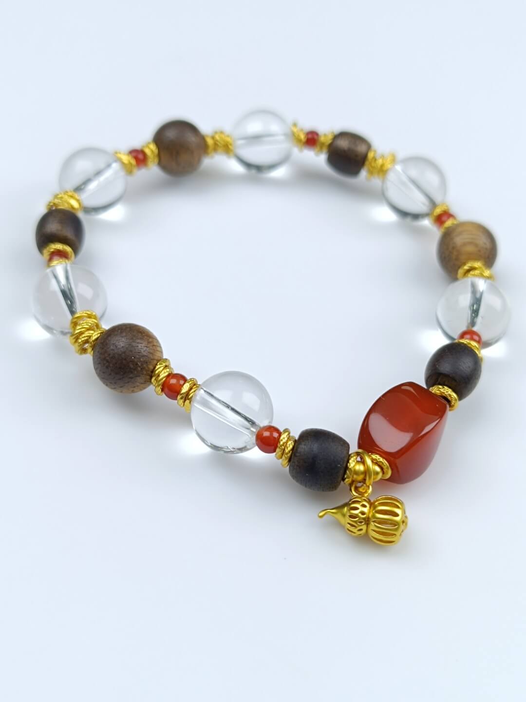 Karma Stone Bracelet 10mm Clear Quartz + Agarwood + Twisted Beads