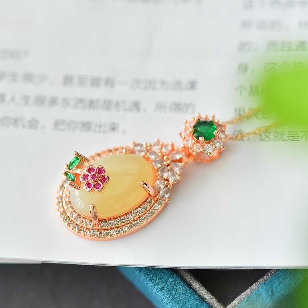 Hotan White Jade Flower Prosperity Zircon Pendant