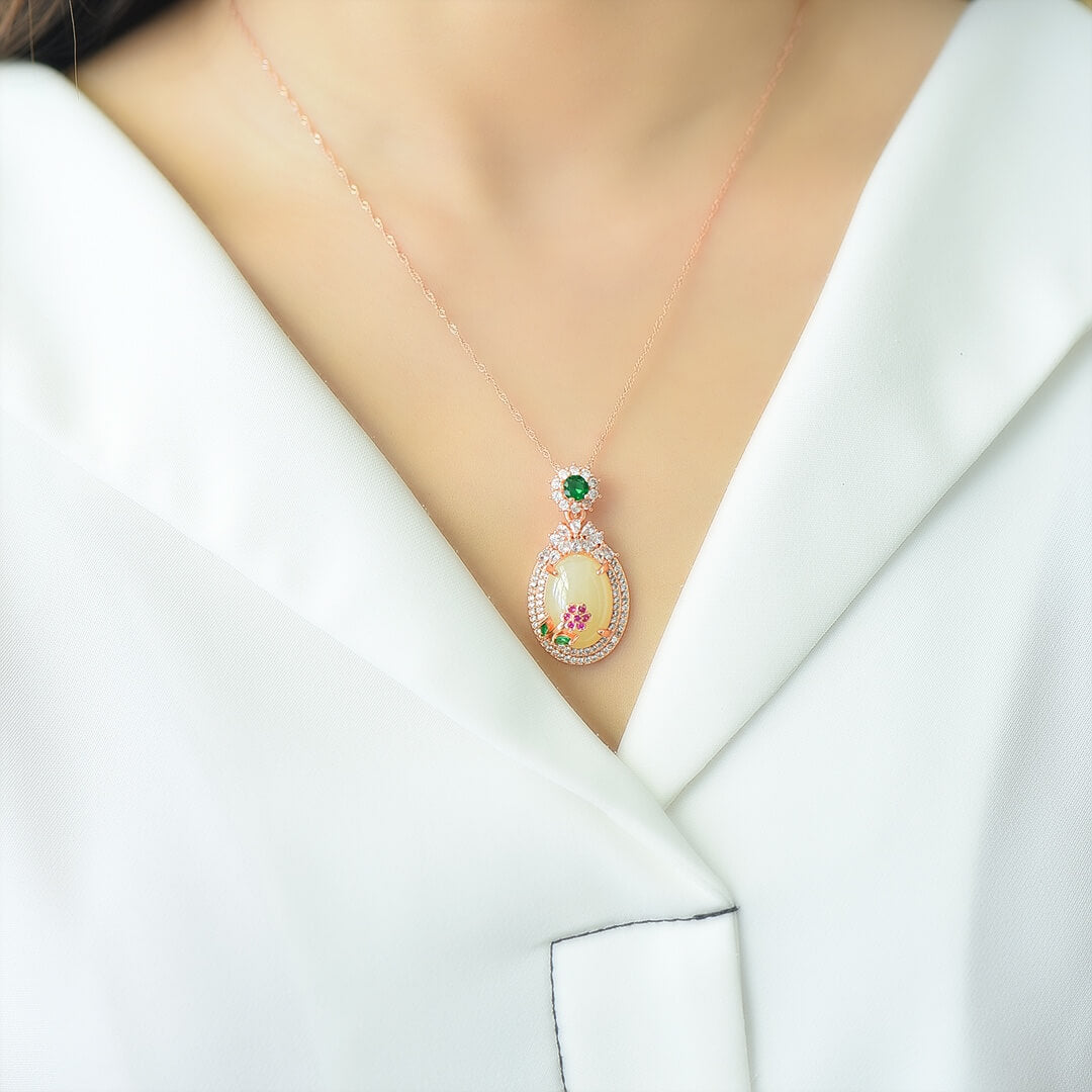 Hotan White Jade Flower Prosperity Zircon Pendant
