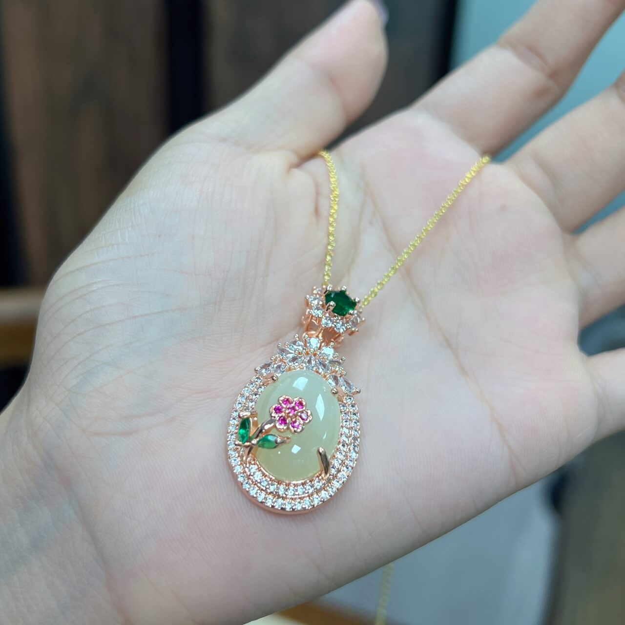 Hotan White Jade Flower Prosperity Zircon Pendant