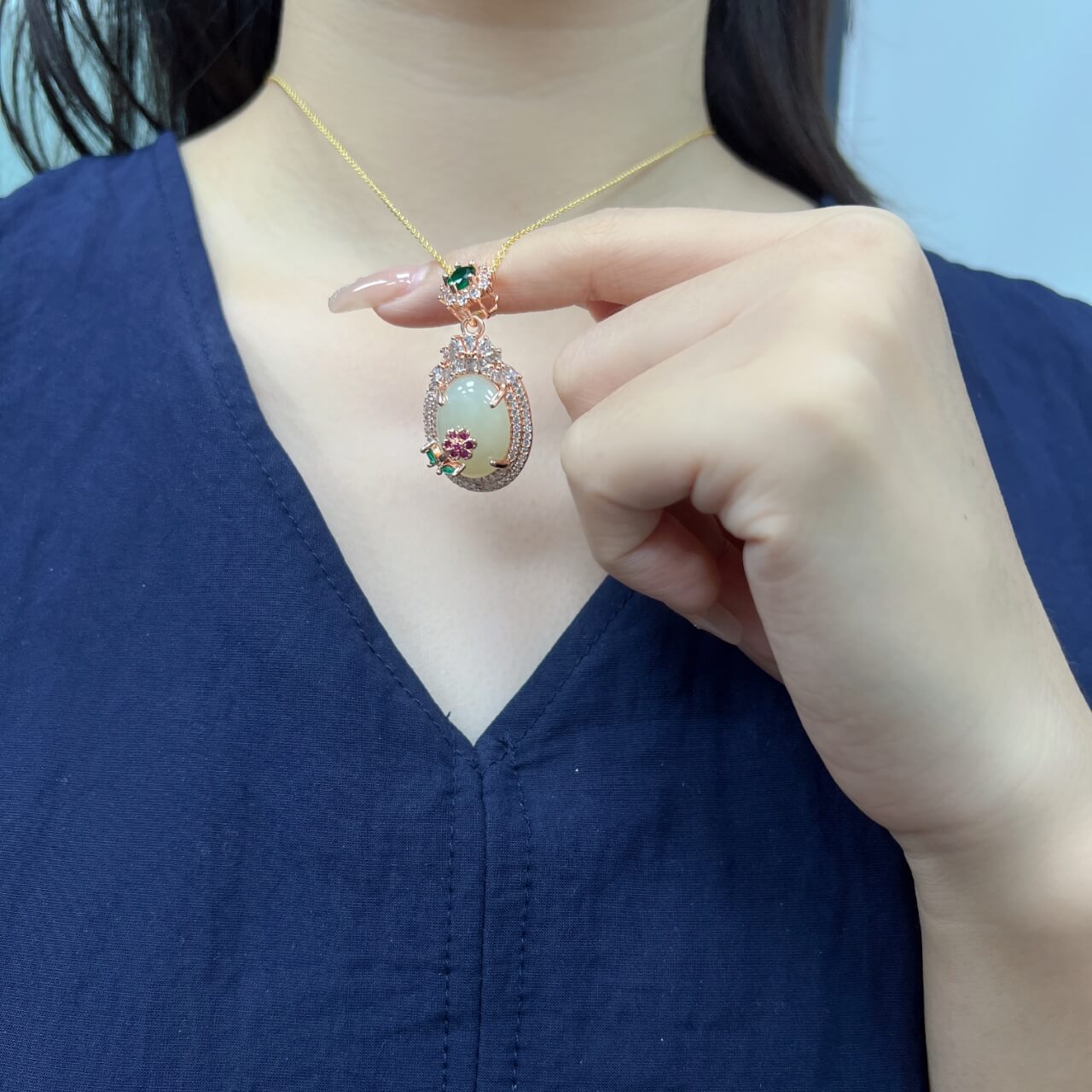 Hotan White Jade Flower Prosperity Zircon Pendant