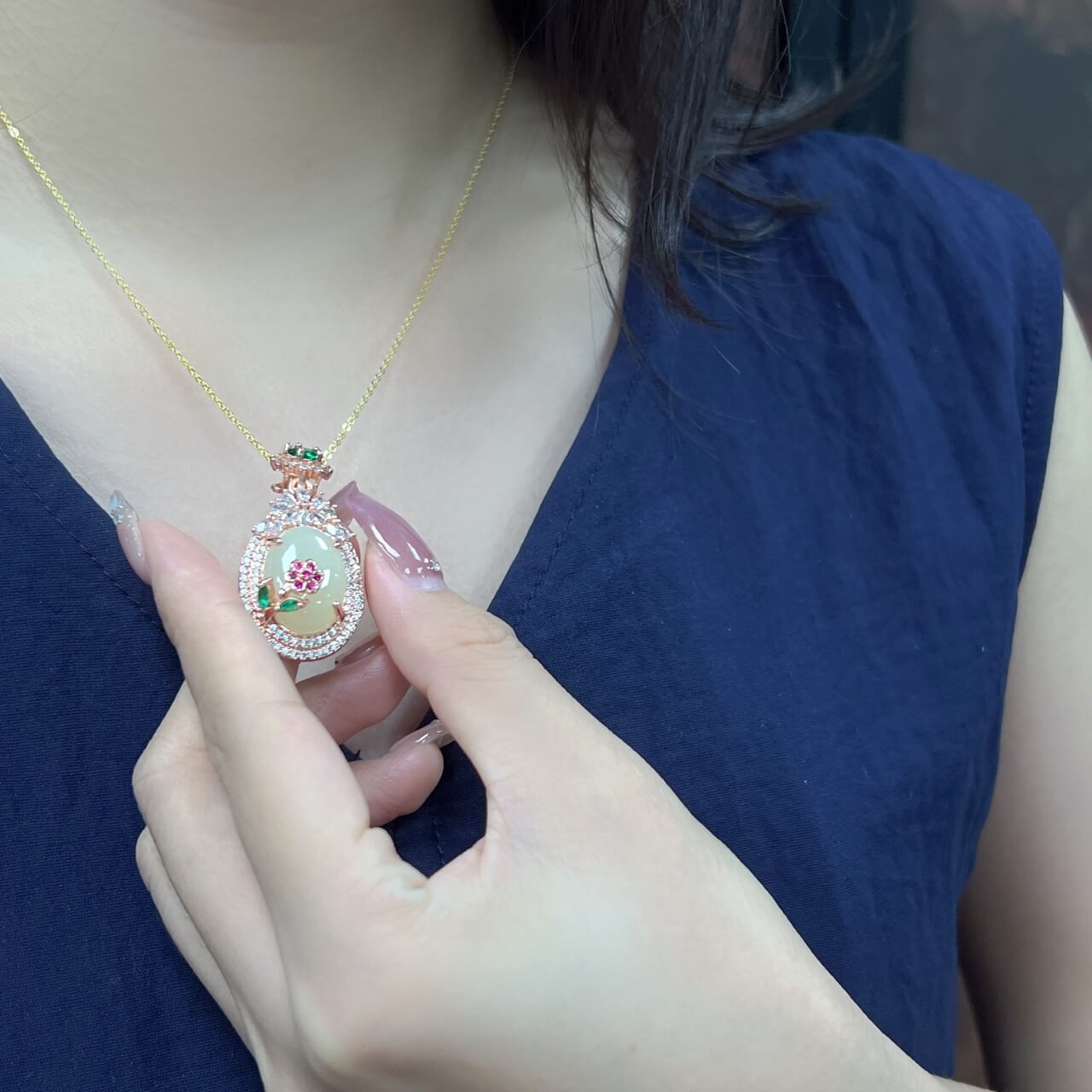 Hotan White Jade Flower Prosperity Zircon Pendant