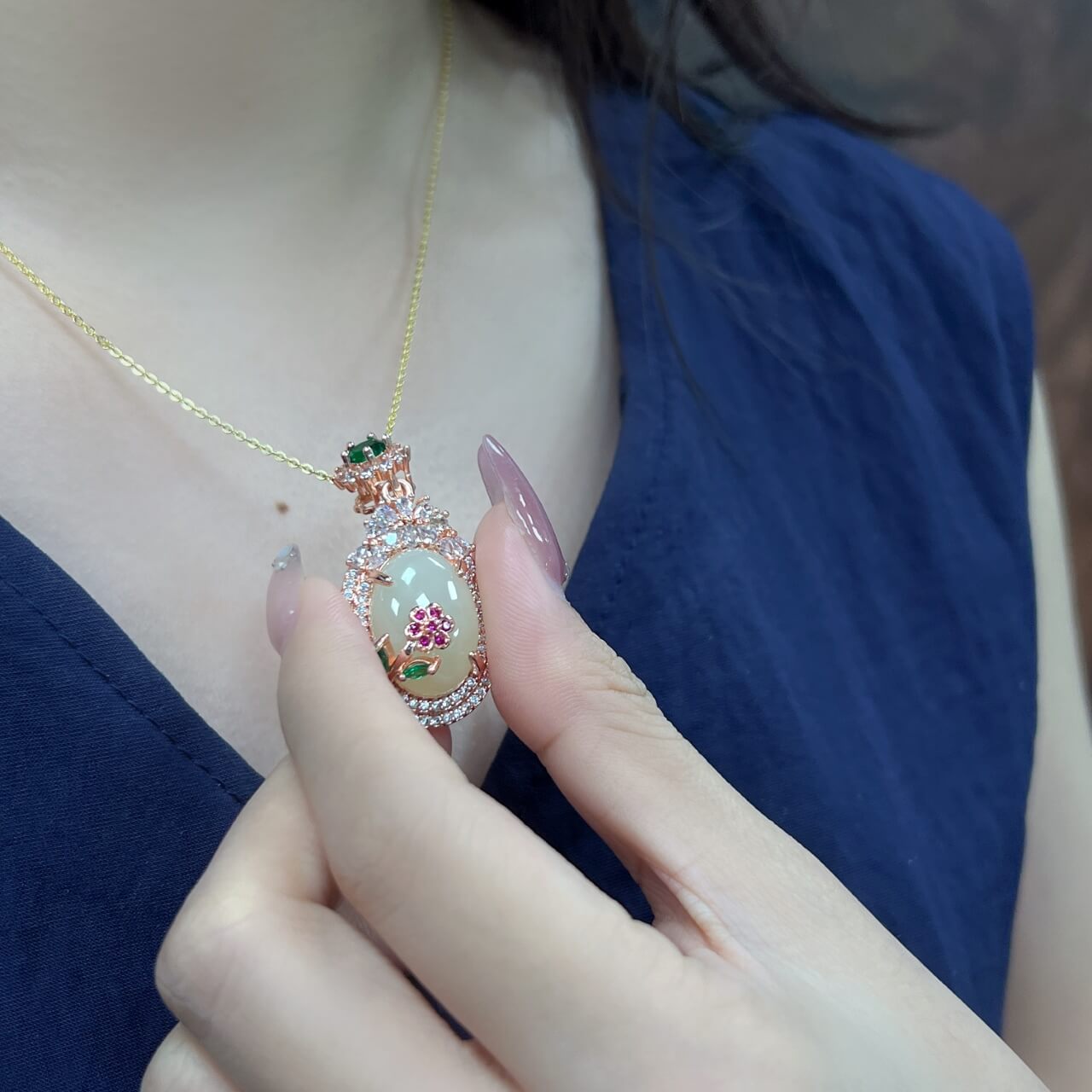 Hotan White Jade Flower Prosperity Zircon Pendant