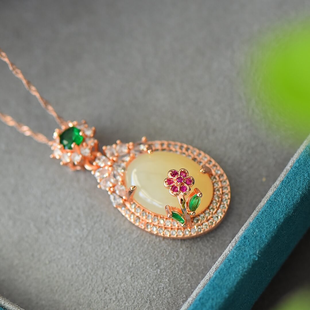 Hotan White Jade Flower Prosperity Zircon Pendant