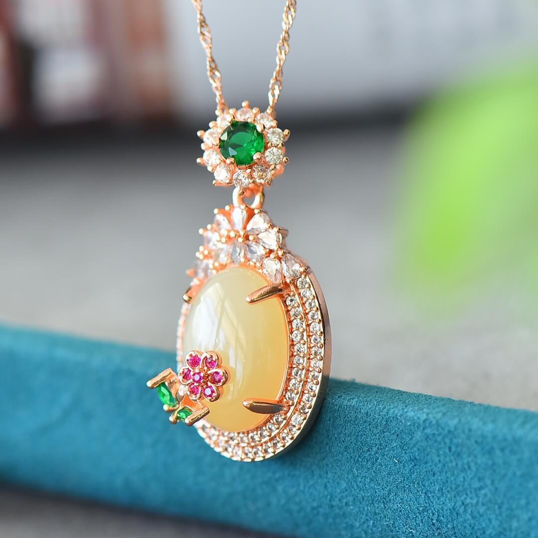 Hotan White Jade Flower Prosperity Zircon Pendant
