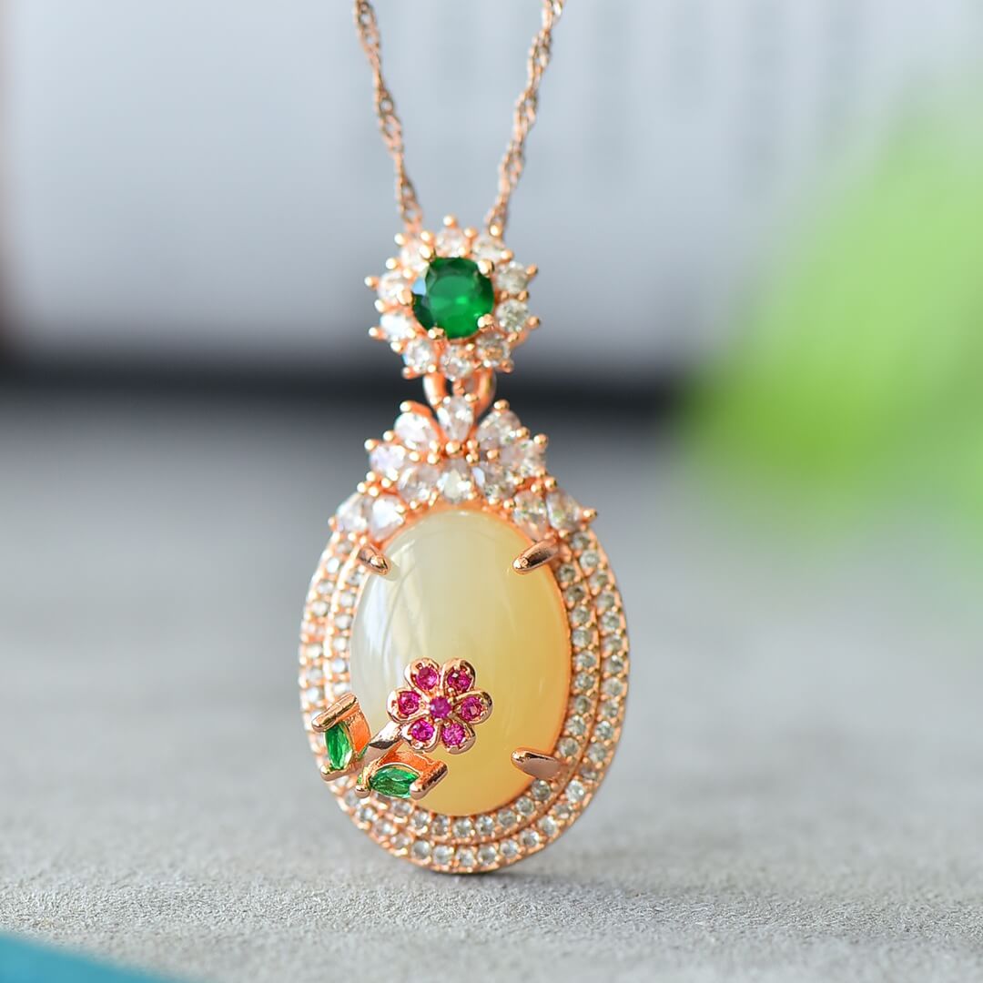 Hotan White Jade Flower Prosperity Zircon Pendant