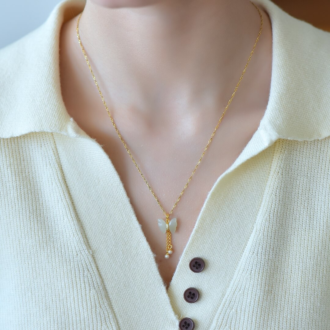 Sterling Silver with Hetian Jade Butterfly Pendant with Pearl and Zirconia (Thick Gold)