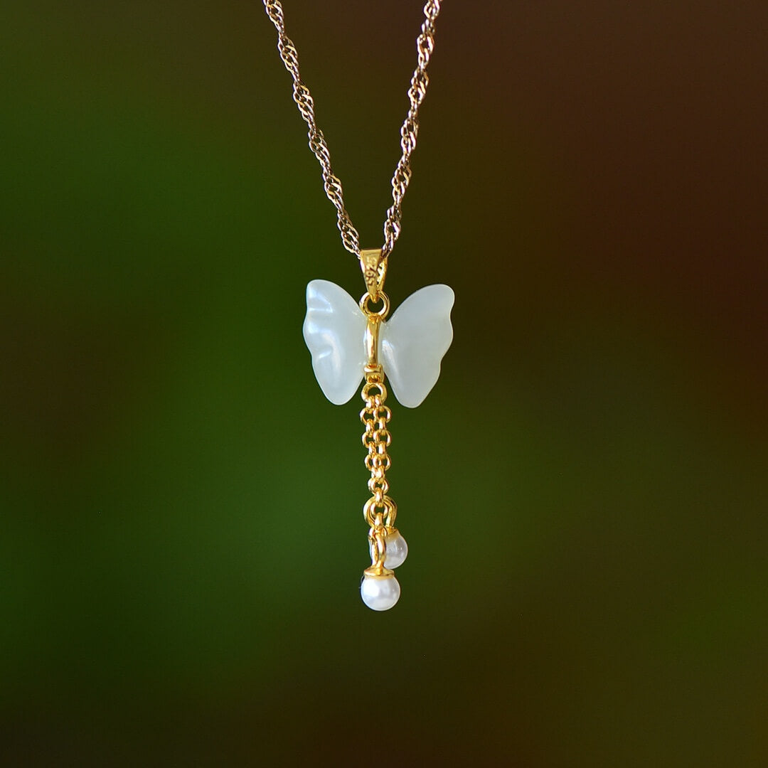 Sterling Silver with Hetian Jade Butterfly Pendant with Pearl and Zirconia (Thick Gold)