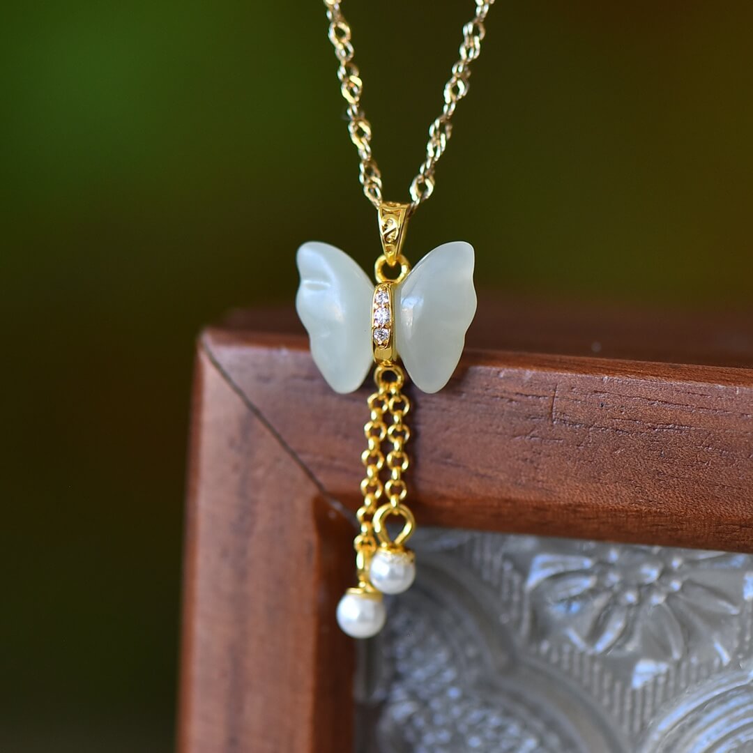 Sterling Silver with Hetian Jade Butterfly Pendant with Pearl and Zirconia (Thick Gold)