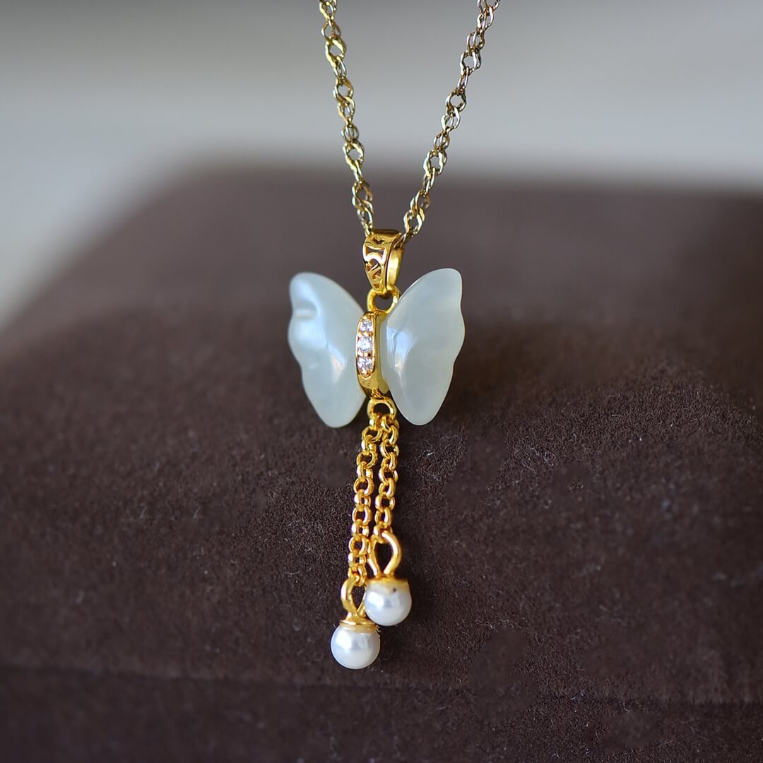 Sterling Silver with Hetian Jade Butterfly Pendant with Pearl and Zirconia (Thick Gold)