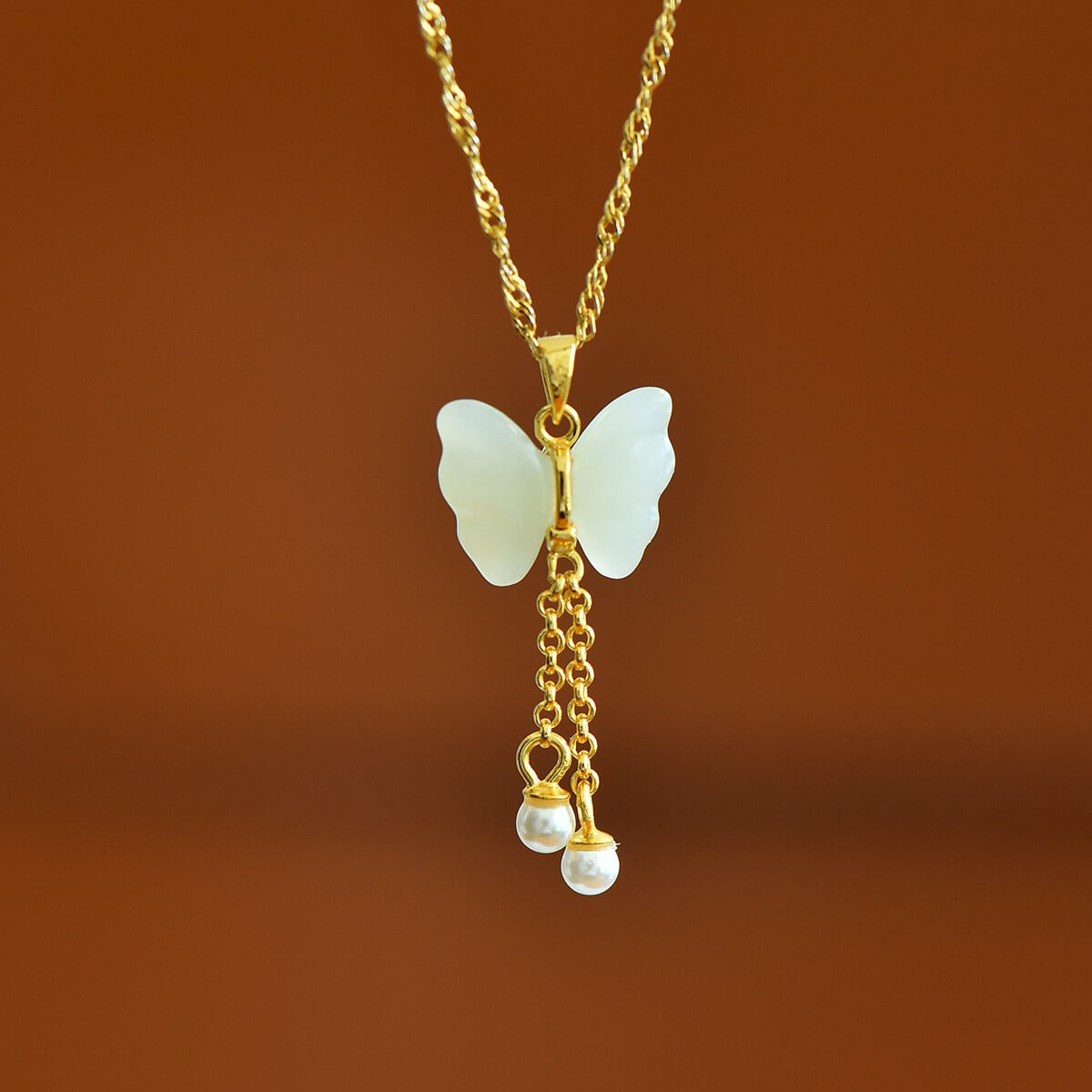 Sterling Silver with Hetian Jade Butterfly Pendant with Pearl and Zirconia (Thick Gold)