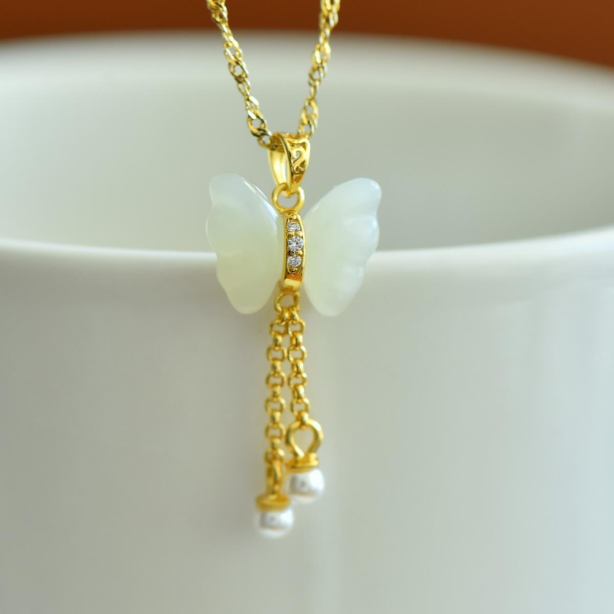 Sterling Silver with Hetian Jade Butterfly Pendant with Pearl and Zirconia (Thick Gold)