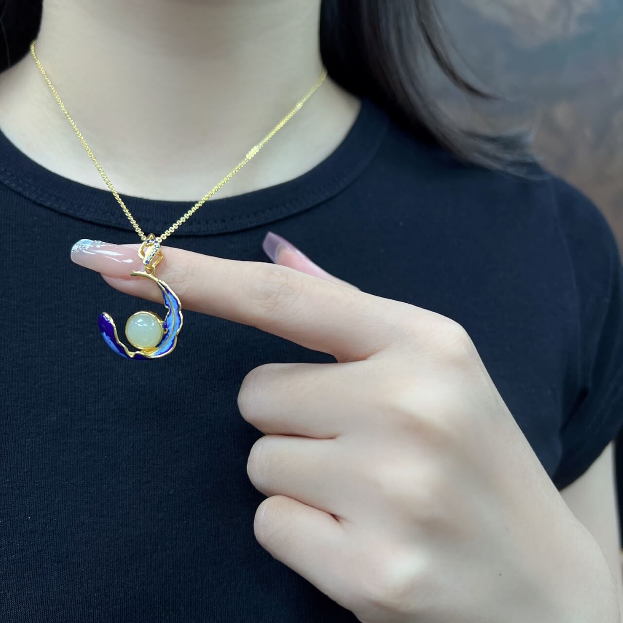 Sterling Silver 925 with Hetian Jade (8x8) Round Domed Feather Enamel Pendant (Thick Gold)