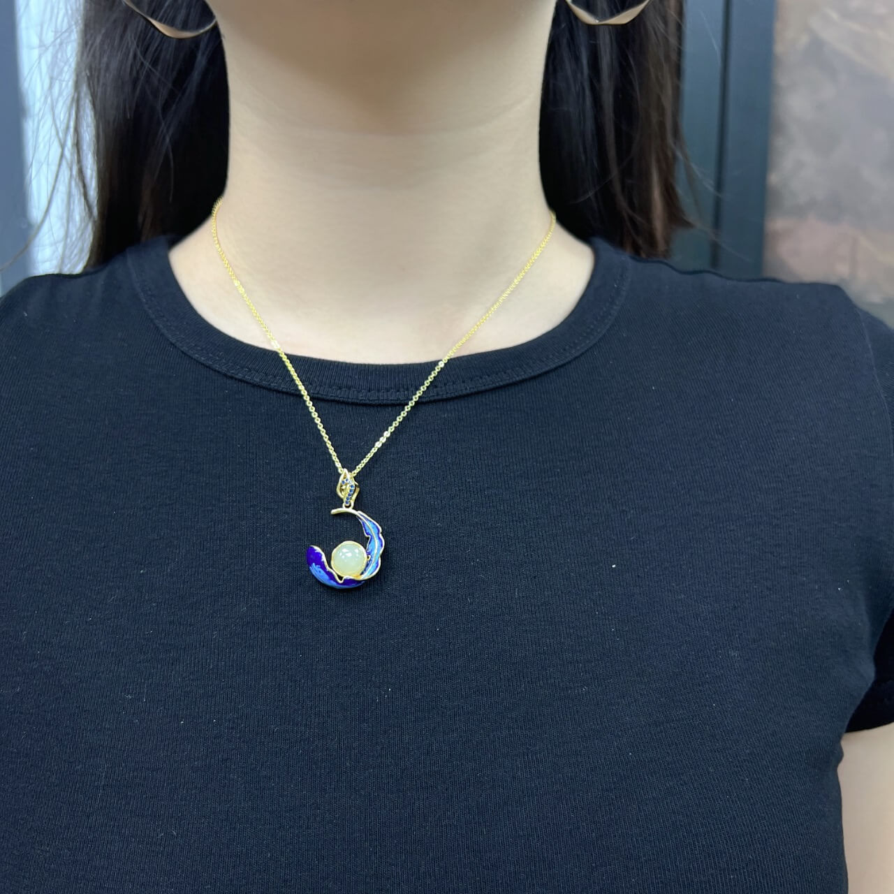 Sterling Silver 925 with Hetian Jade (8x8) Round Domed Feather Enamel Pendant (Thick Gold)