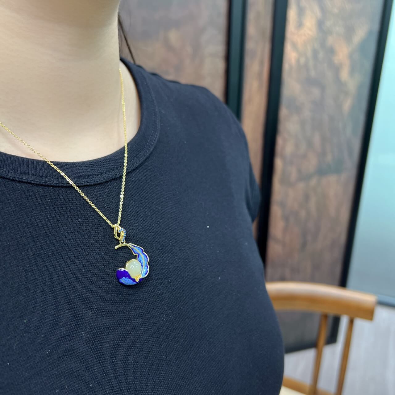Sterling Silver 925 with Hetian Jade (8x8) Round Domed Feather Enamel Pendant (Thick Gold)