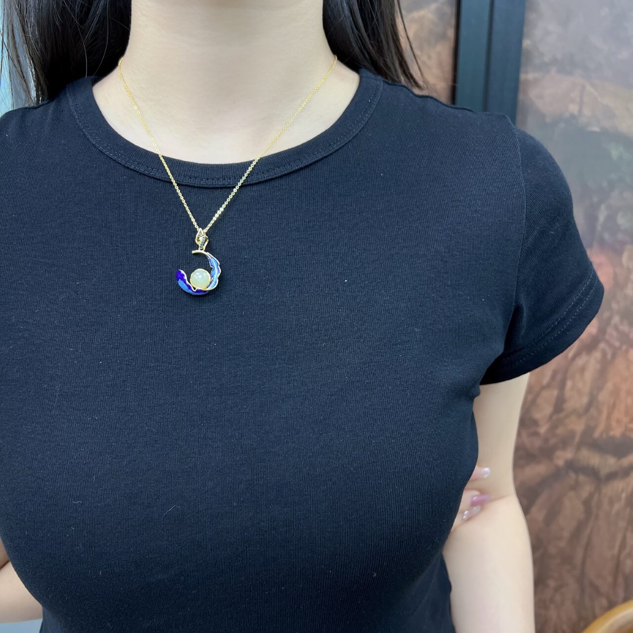 Sterling Silver 925 with Hetian Jade (8x8) Round Domed Feather Enamel Pendant (Thick Gold)