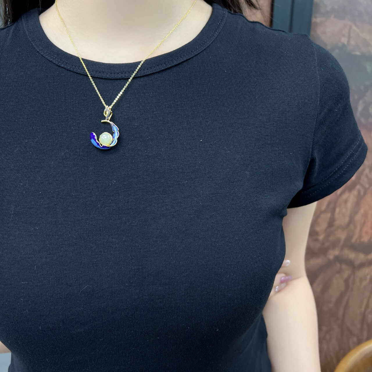 Sterling Silver 925 with Hetian Jade (8x8) Round Domed Feather Enamel Pendant (Thick Gold)