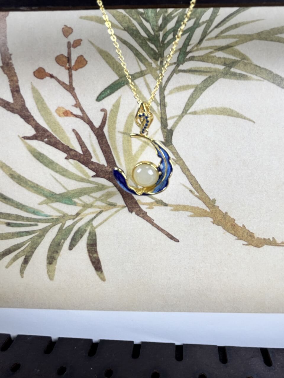 Sterling Silver 925 with Hetian Jade (8x8) Round Domed Feather Enamel Pendant (Thick Gold)