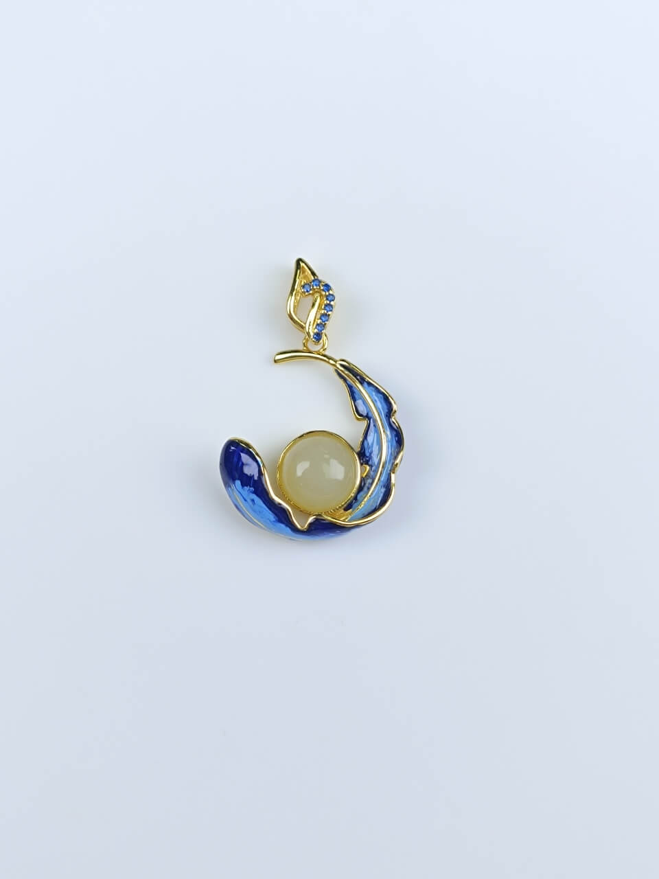 Sterling Silver 925 with Hetian Jade (8x8) Round Domed Feather Enamel Pendant (Thick Gold)