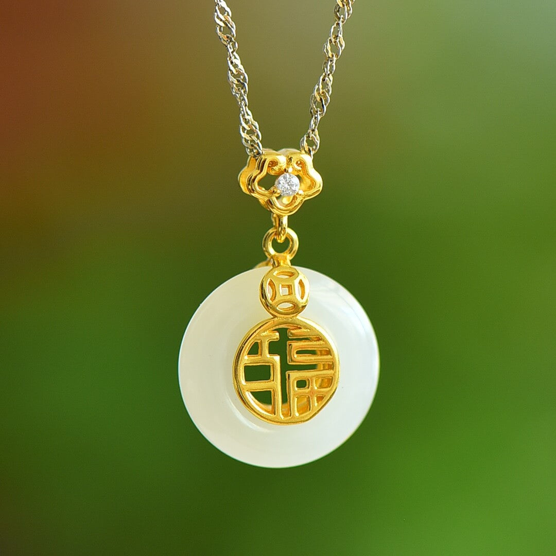 925 Sterling Silver with Hetian Jade Peace Ring Pendant (Thick Gold)