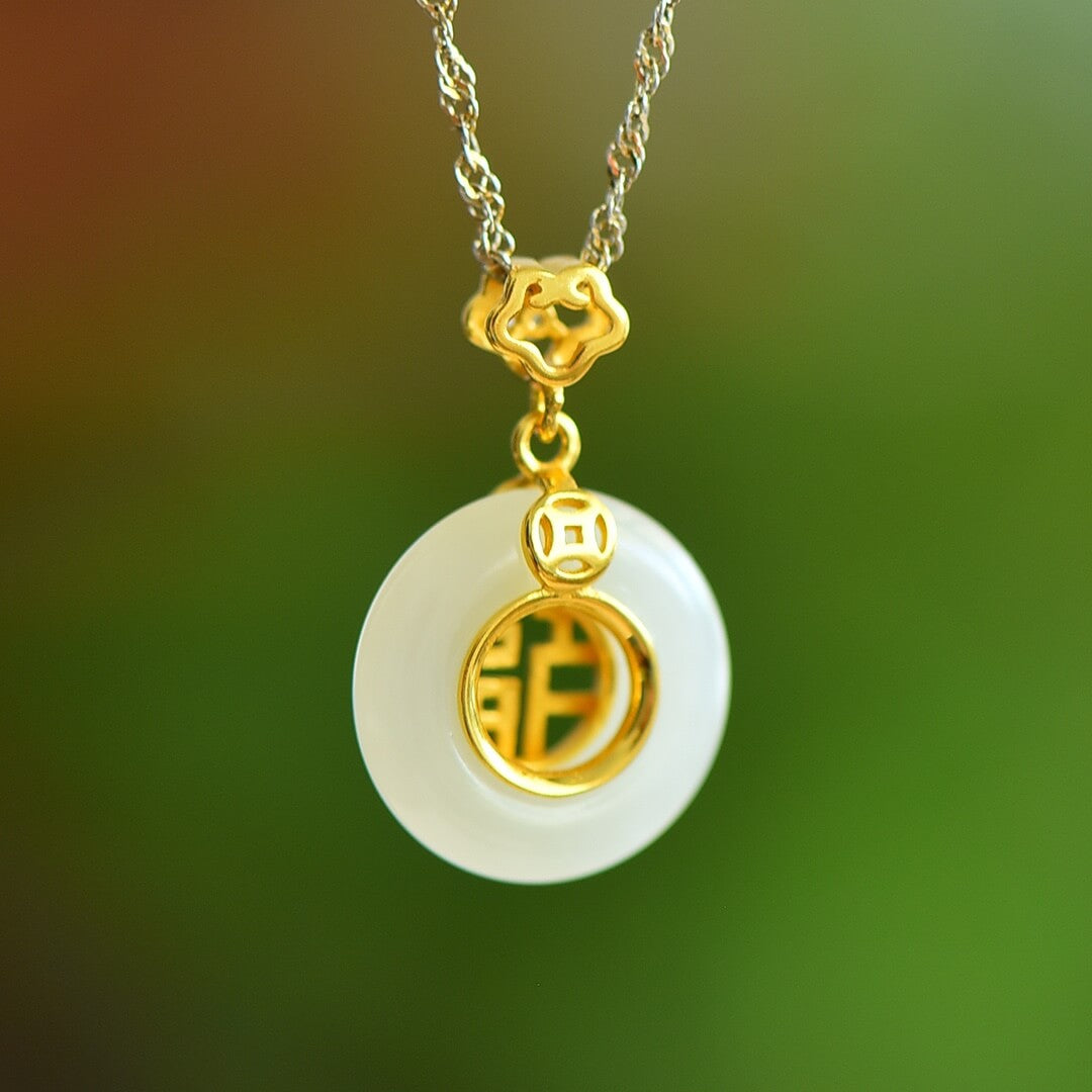 925 Sterling Silver with Hetian Jade Peace Ring Pendant (Thick Gold)