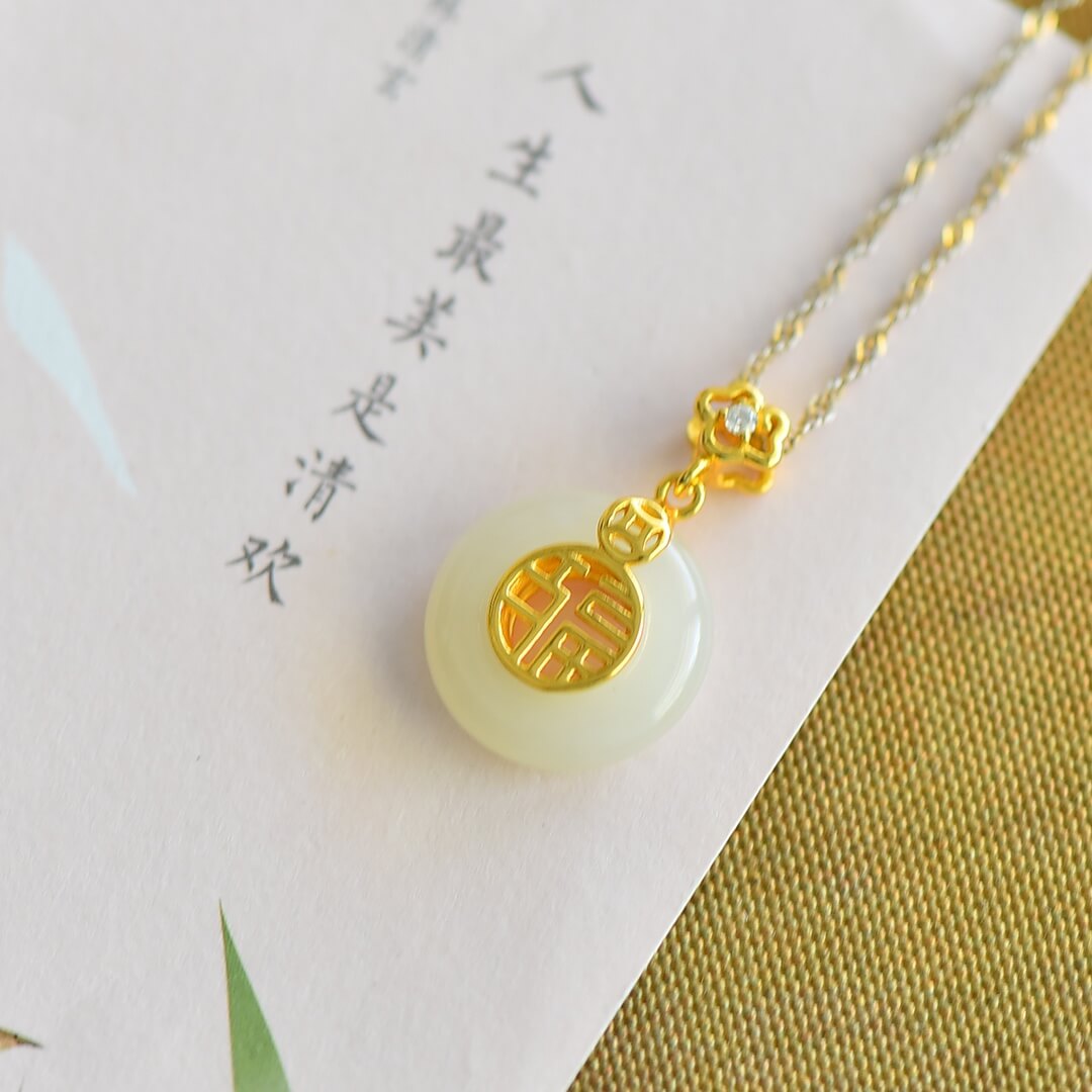 925 Sterling Silver with Hetian Jade Peace Ring Pendant (Thick Gold)