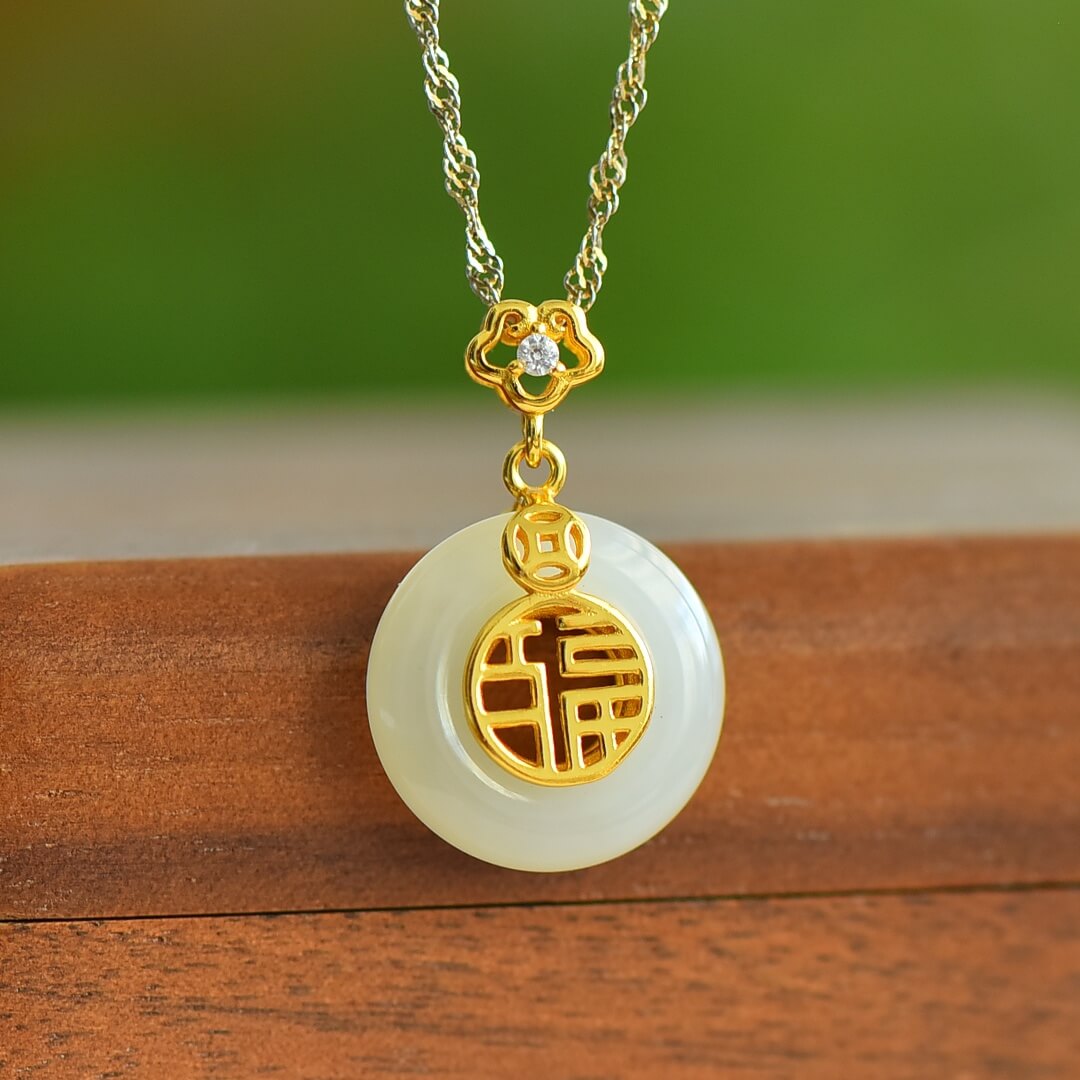 925 Sterling Silver with Hetian Jade Peace Ring Pendant (Thick Gold)
