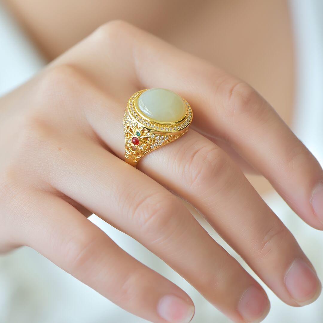 Hotan White Jade 14*14mm Round Bezel-Set Color Zircon Filigree Ring  Gold