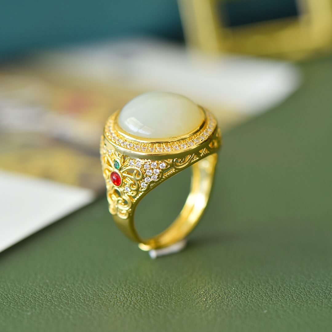 Hotan White Jade 14*14mm Round Bezel-Set Color Zircon Filigree Ring  Gold