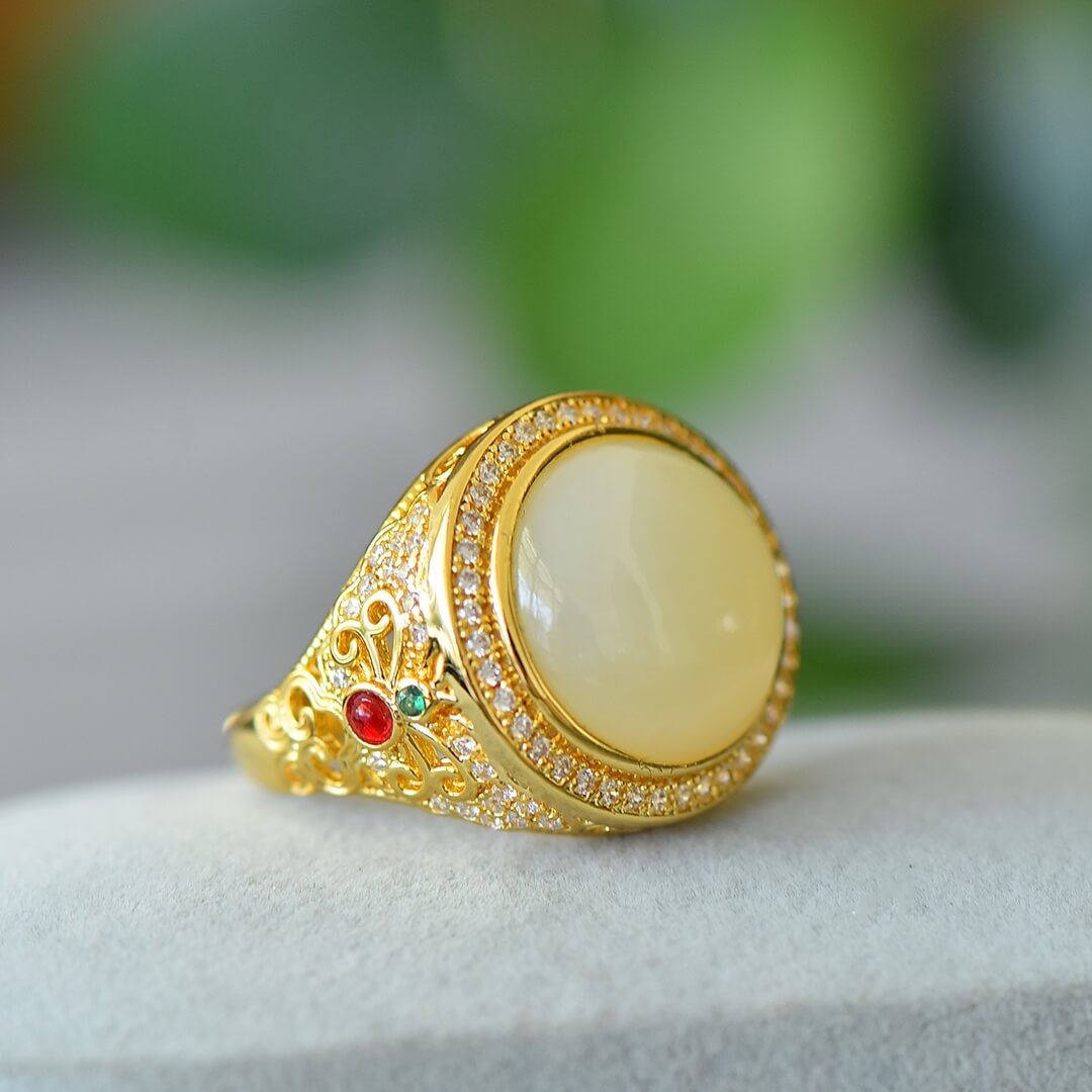 Hotan White Jade 14*14mm Round Bezel-Set Color Zircon Filigree Ring  Gold