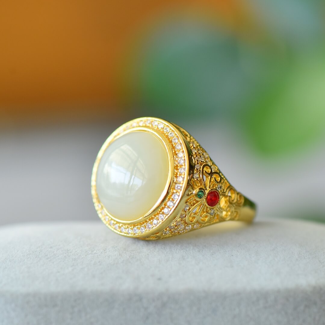 Hotan White Jade 14*14mm Round Bezel-Set Color Zircon Filigree Ring  Gold
