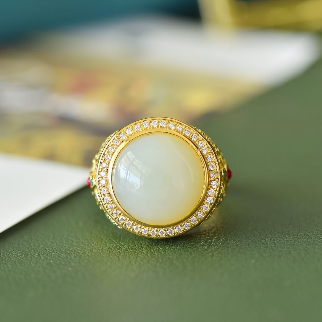 Hotan White Jade 14*14mm Round Bezel-Set Color Zircon Filigree Ring  Gold