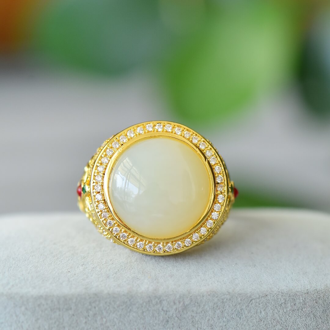 Hotan White Jade 14*14mm Round Bezel-Set Color Zircon Filigree Ring  Gold