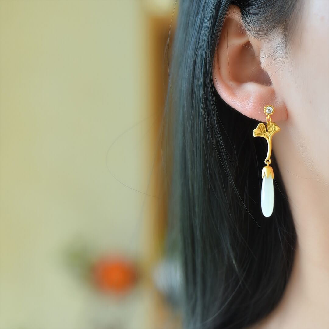 Sterling Silver with Hetian Jade (5x20cm) Long Pendant Plain Silver “So Glad You're Here” Earrings (Thick Brushed Gold)